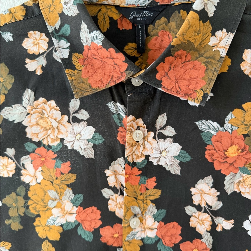 Good Man Brand Floral Button Up Shirt Large Short Sleeve Organic Cotton